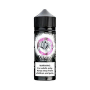A 100ml bottle of Watermelon Ruthless e-liquid with a nicotine warning label, featuring a black label with pink and white text and graphics.